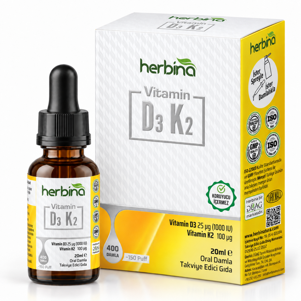 Herbina D3K2 Vitamin Damla kutu ve damlalık şişe ürün görseli