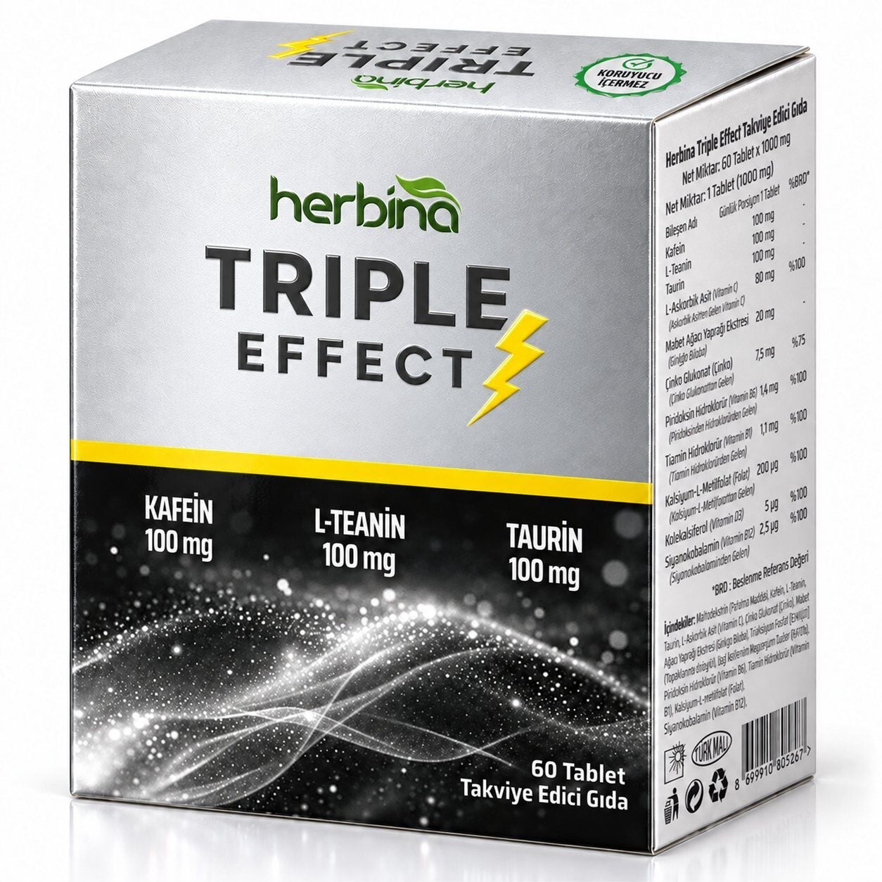 Herbina Triple Effect Kafein L-Teanin ve Taurin 60 Tablet kutu ürün görseli