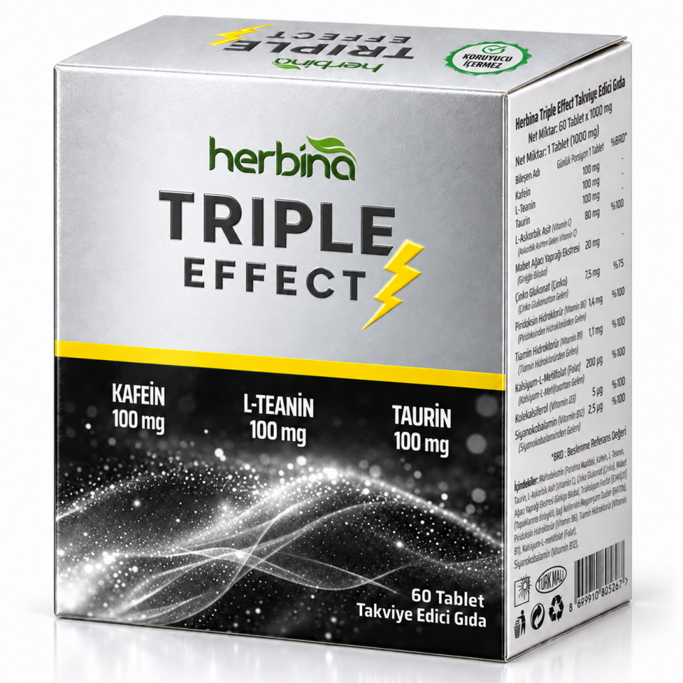 Herbina Triple Effect Kafein L-Teanin ve Taurin 60 Tablet kutu ürün görseli