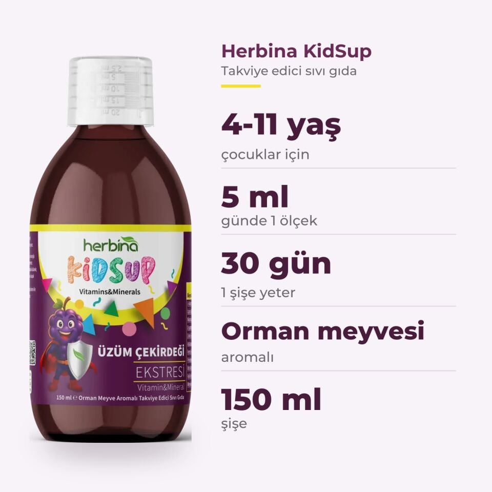 Herbina KidSup: 4-11 yaş, günde 1 ölçek (5 ml), 1 şişe 30 gün yeter, orman meyvesi aromalı, 150 ml