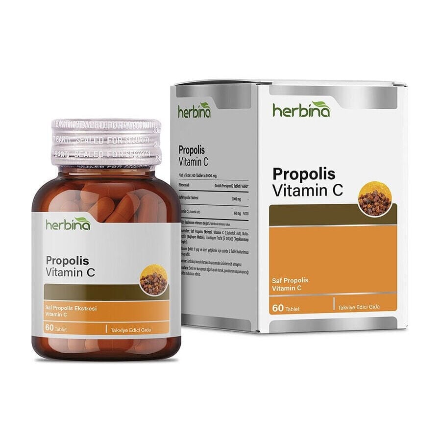 Herbina Propolis C Vitamini kapsül şişesi ve kutusu