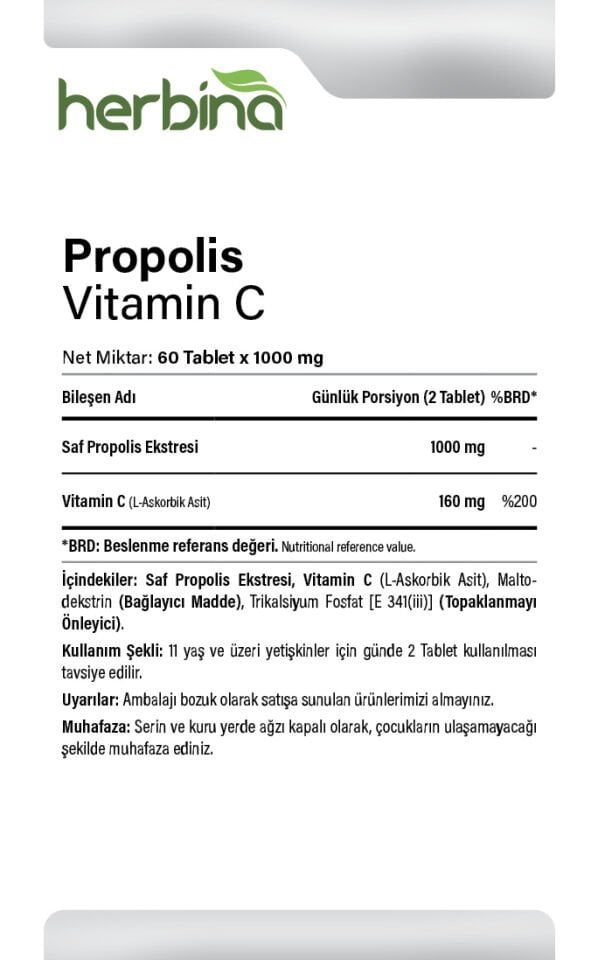 HERBİNA PROPOLİS VİTAMİN C 60 TABLET