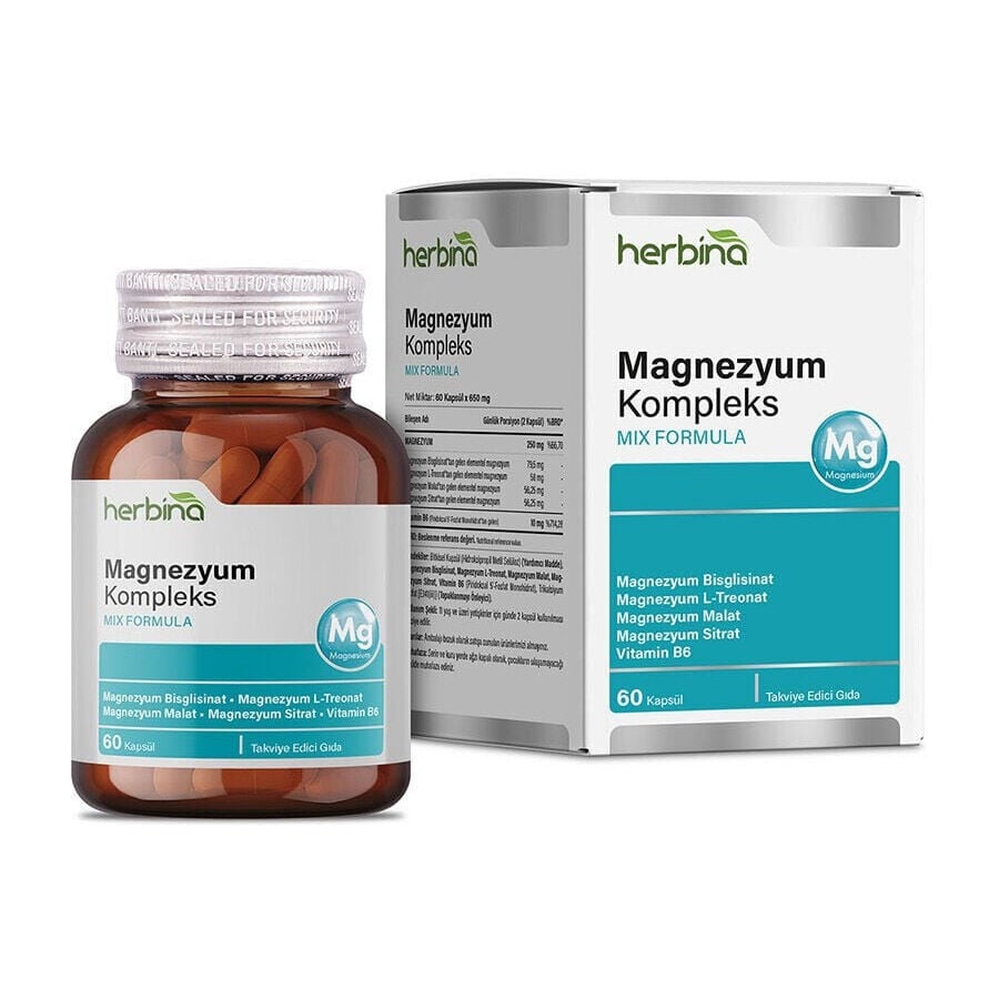 Herbina Magnezyum Kompleks kapsül şişesi ve kutusu