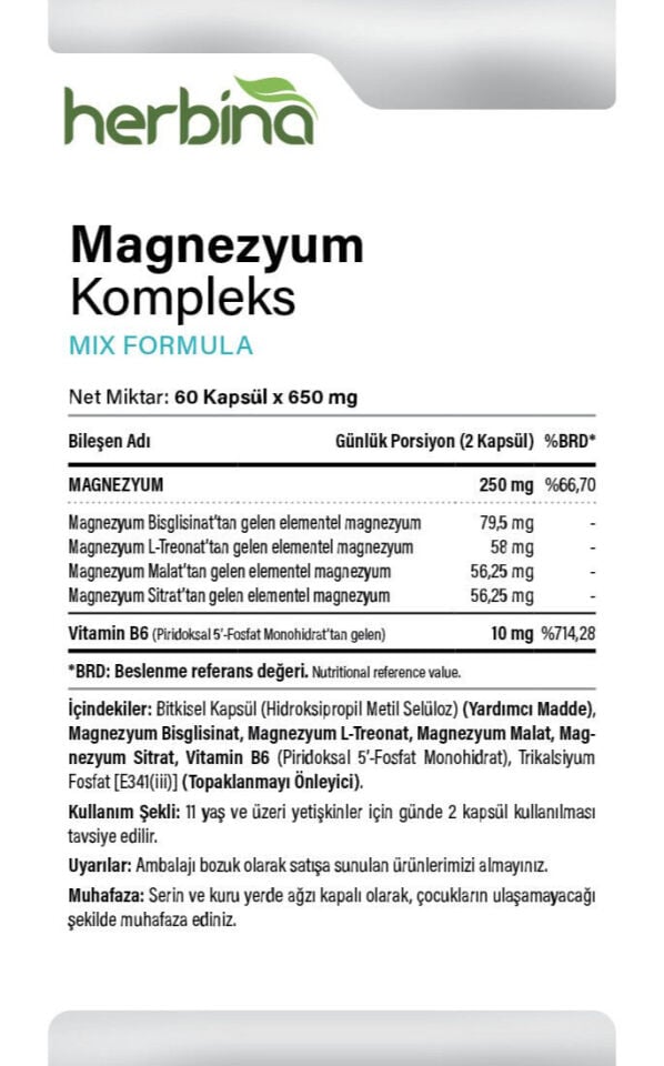 Magnezyum Kompleks içerik porsiyon ve kullanım bilgileri