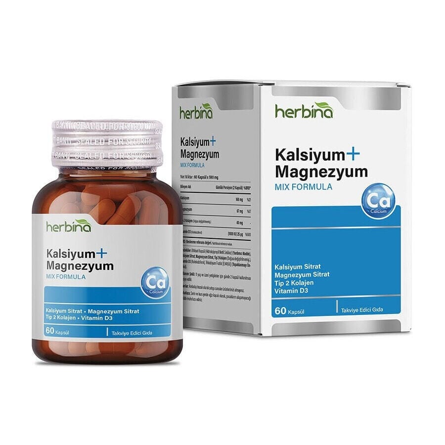 Herbina Kalsiyum Magnezyum Tip 2 Kolajen D3 şişesi ve kutusu