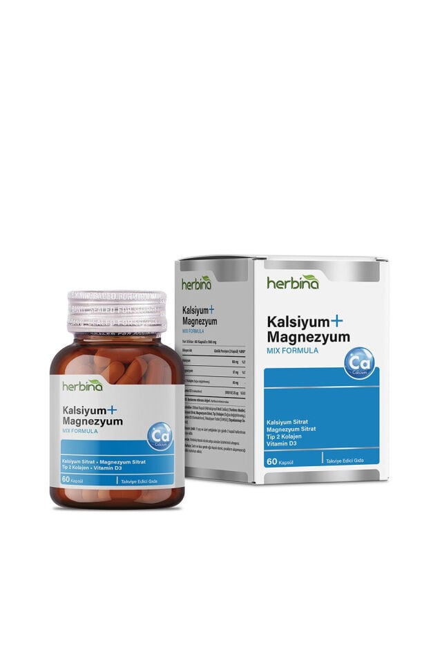 Herbina Kalsiyum Magnezyum Tip 2 Kolajen D3 şişesi ve kutusu