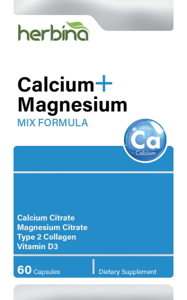 Herbina Calcium Magnesium Type 2 Collagen İngilizce ambalaj etiketi