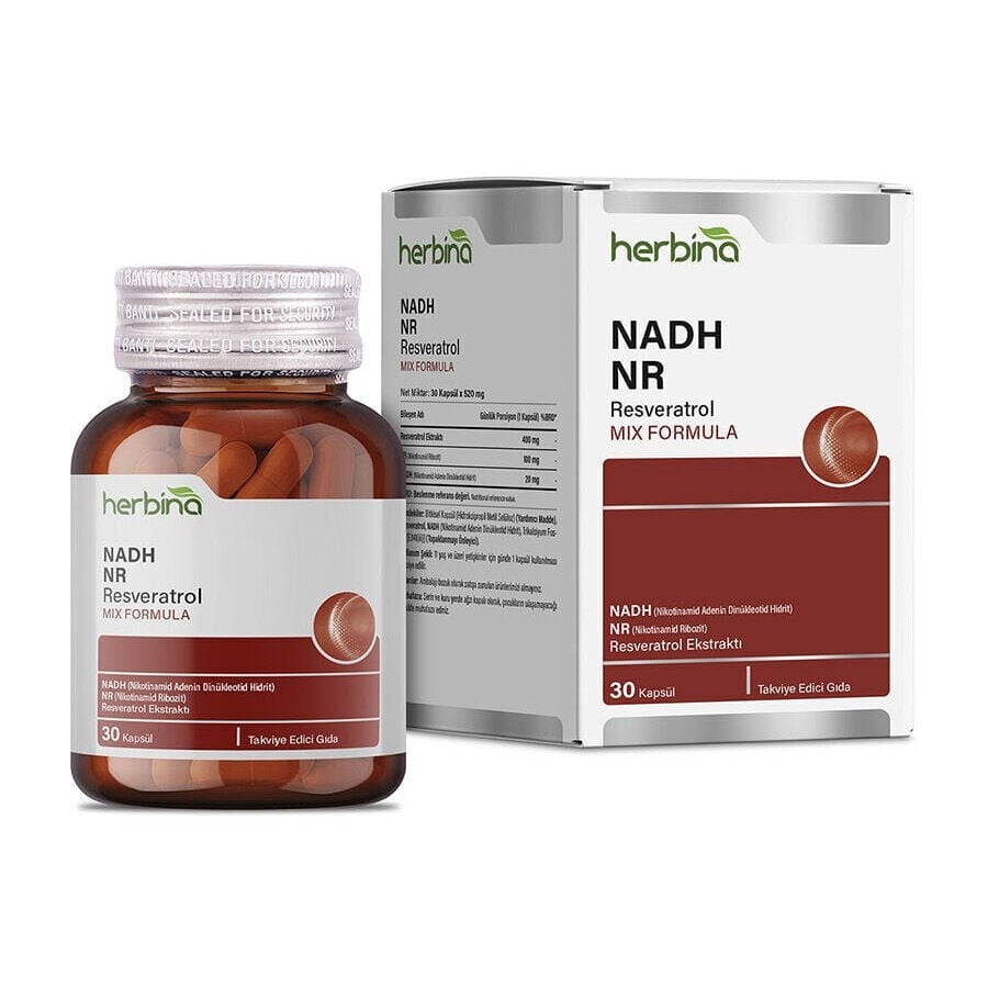 Herbina NADH NR Resveratrol kapsül şişesi ve kutusu