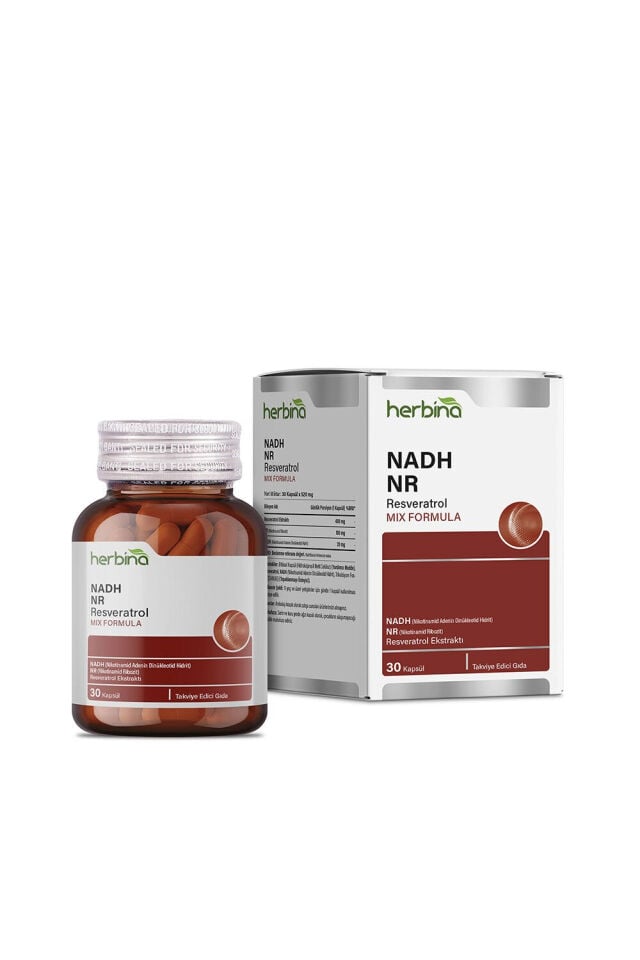Herbina NADH NR Resveratrol kapsül şişesi ve kutusu