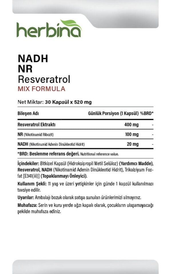 NADH NR Resveratrol içerik porsiyon ve kullanım bilgileri