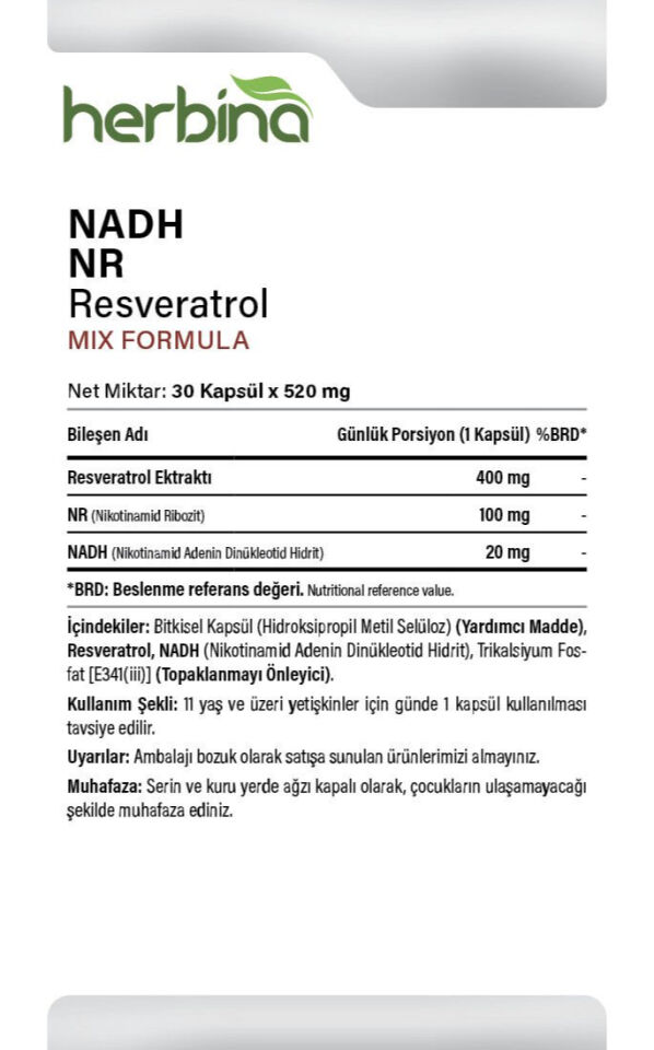 NADH NR Resveratrol içerik porsiyon ve kullanım bilgileri