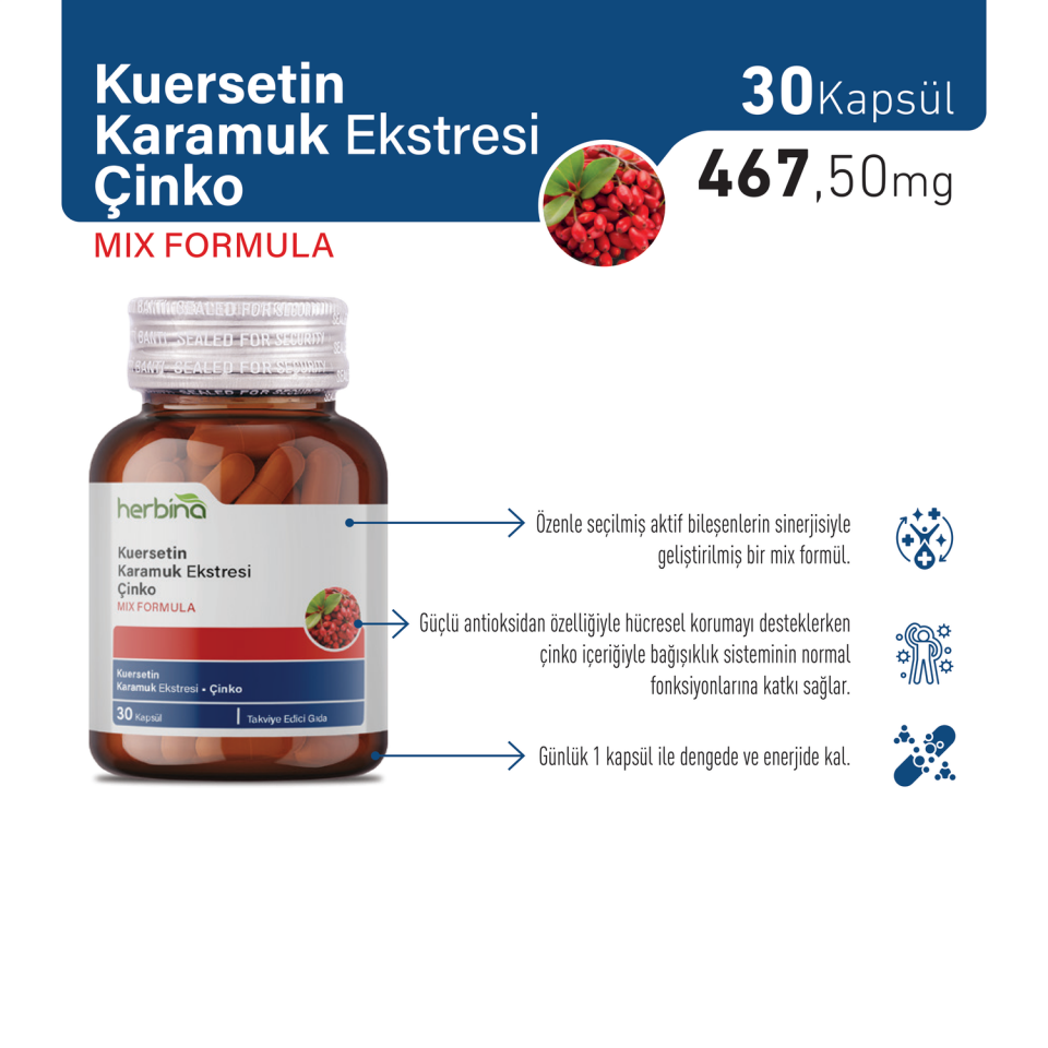Herbina Kuersetin Karamuk Ekstresi Çinko ürün bilgi paneli