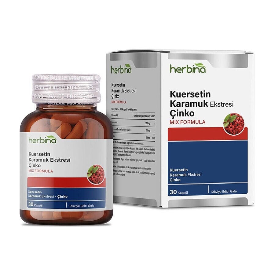Herbina Kuersetin Karamuk Ekstresi Çinko 30 kapsül şişe ve kutu