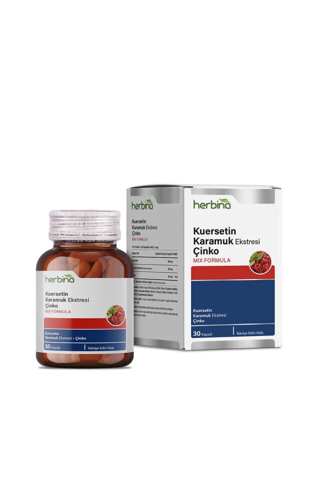 Herbina Kuersetin Karamuk Ekstresi Çinko 30 kapsül şişe ve kutu
