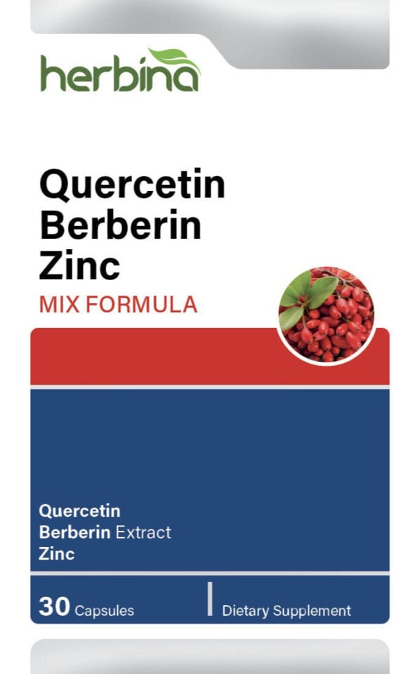 Herbina Quercetin Berberin Zinc 30 kapsül İngilizce kutu etiketi