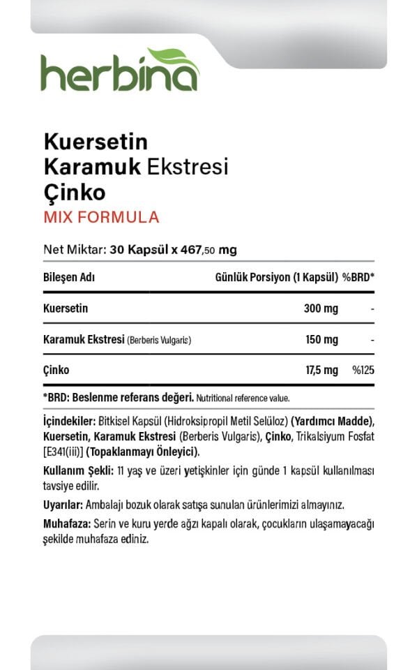 Kuersetin Karamuk Ekstresi Çinko 30 Kapsül