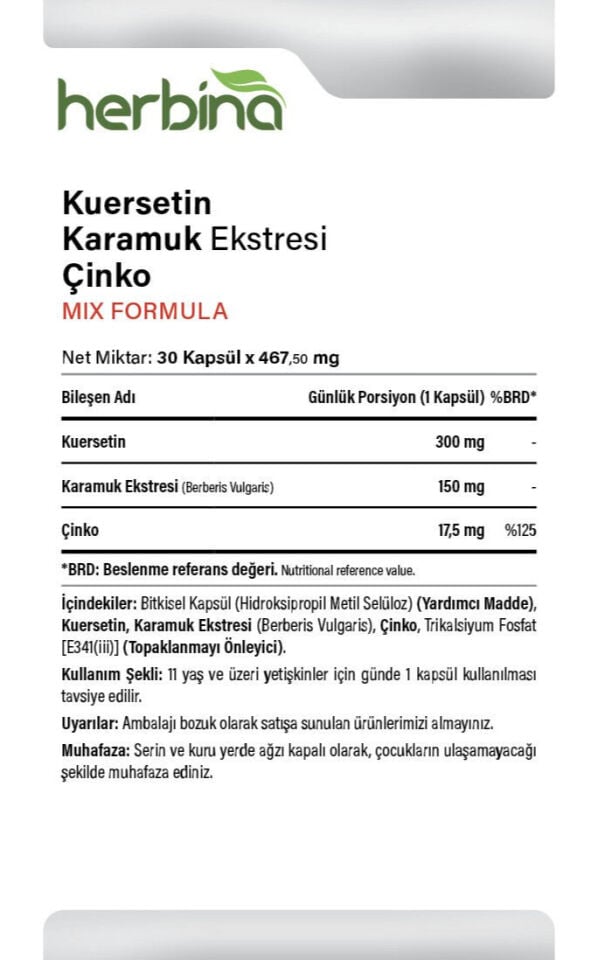 Kuersetin, karamuk ekstresi ve 17,5 mg çinko içerik bilgileri