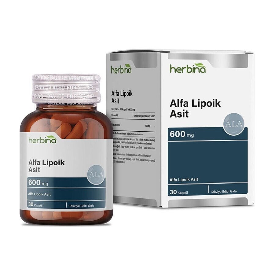 Herbina Alfa Lipoik Asit 600 mg 30 kapsül şişe ve kutu
