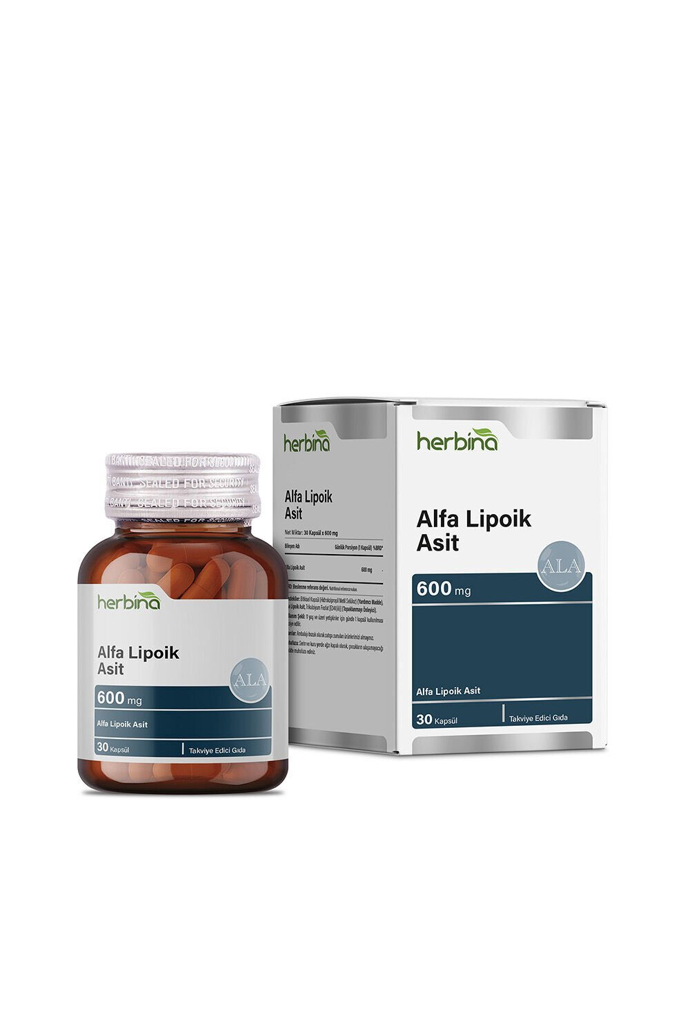 Herbina Alfa Lipoik Asit 600 mg 30 kapsül şişe ve kutu