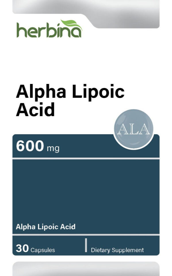 Herbina Alpha Lipoic Acid 600 mg 30 kapsül İngilizce kutu etiketi