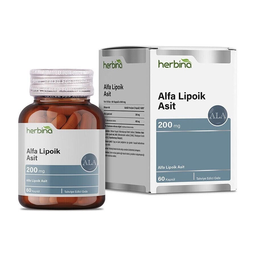 Herbina Alfa Lipoik Asit 200 mg 60 kapsül şişe ve kutu