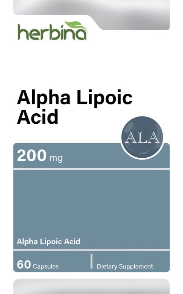 Herbina Alpha Lipoic Acid 200 mg 60 kapsül İngilizce kutu etiketi