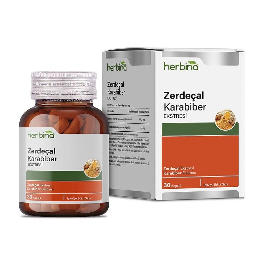 Herbina Zerdeçal ve Karabiber Ekstresi kapsül şişesi ve kutusu