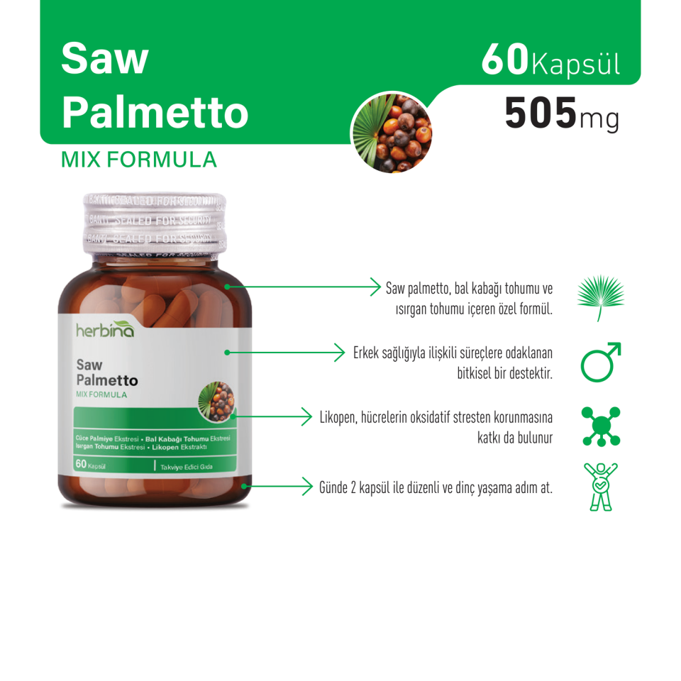 Herbina Saw Palmetto ürün bilgi paneli