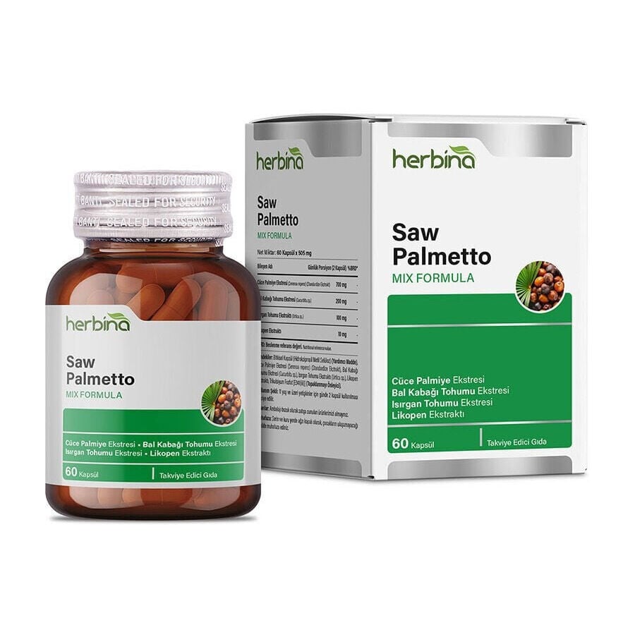 Herbina Saw Palmetto kapsül şişesi ve kutusu