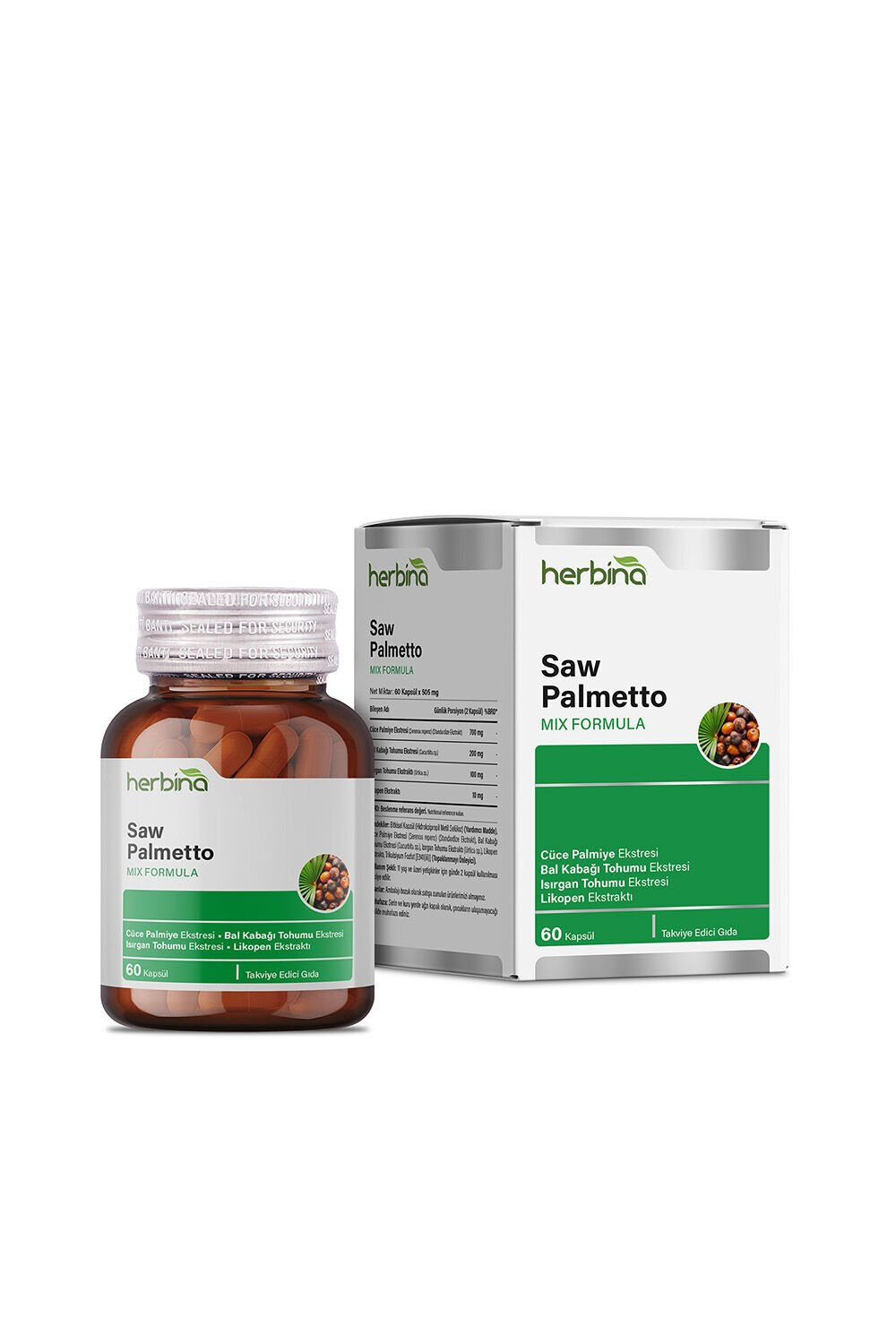 Herbina Saw Palmetto kapsül şişesi ve kutusu