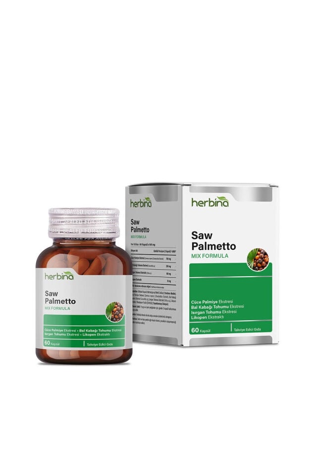 Herbina Saw Palmetto kapsül şişesi ve kutusu
