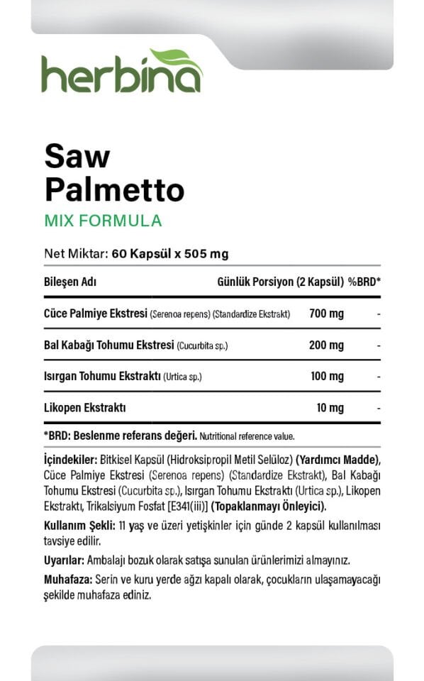 Saw Palmetto Pumpkin Seed, Nettle Seed, Lycopene 60 Kapsül