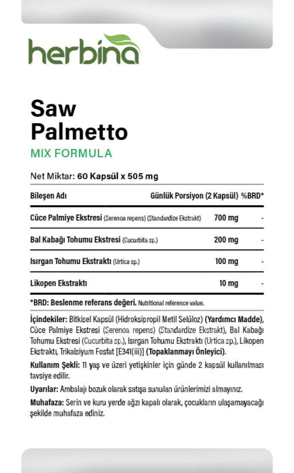 Saw Palmetto içerik porsiyon ve kullanım bilgileri