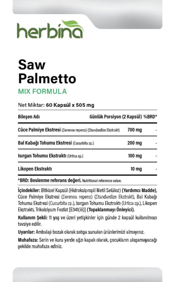 Saw Palmetto içerik porsiyon ve kullanım bilgileri