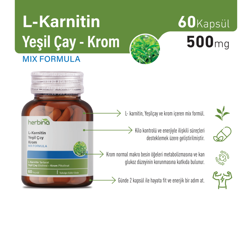Herbina L-Karnitin Yeşil Çay Krom ürün bilgi paneli