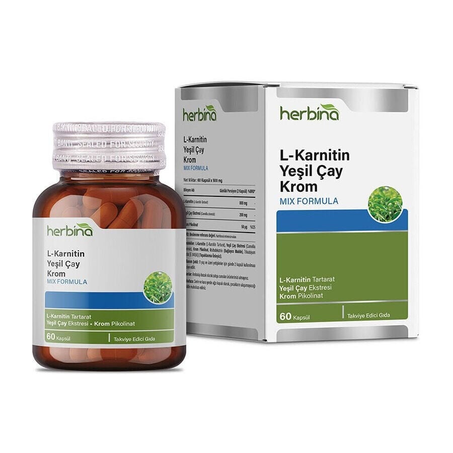 Herbina L-Karnitin Yeşil Çay Krom 60 kapsül şişe ve kutu