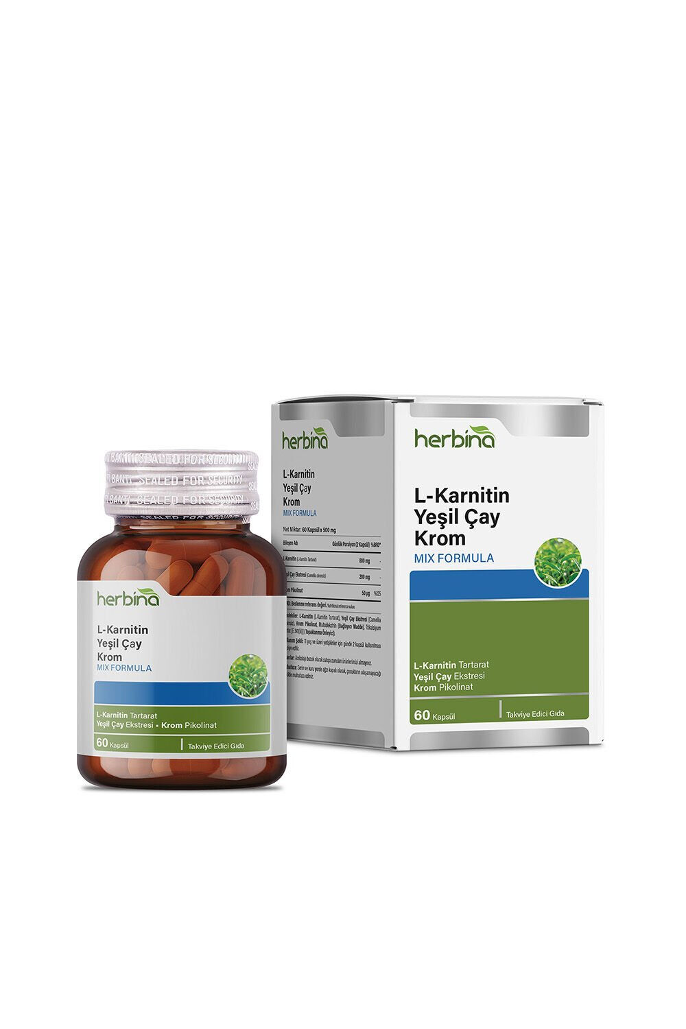 Herbina L-Karnitin Yeşil Çay Krom 60 kapsül şişe ve kutu
