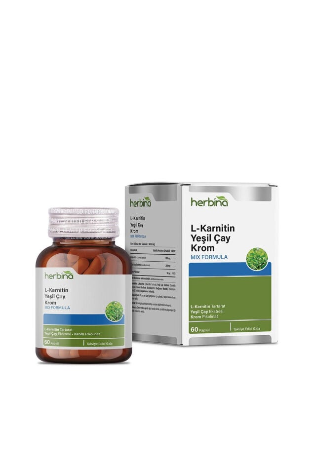 Herbina L-Karnitin Yeşil Çay Krom 60 kapsül şişe ve kutu