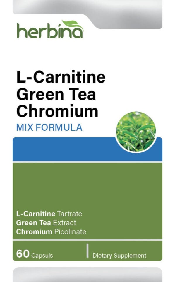 Herbina L-Carnitine Green Tea Chromium 60 kapsül İngilizce kutu etiketi