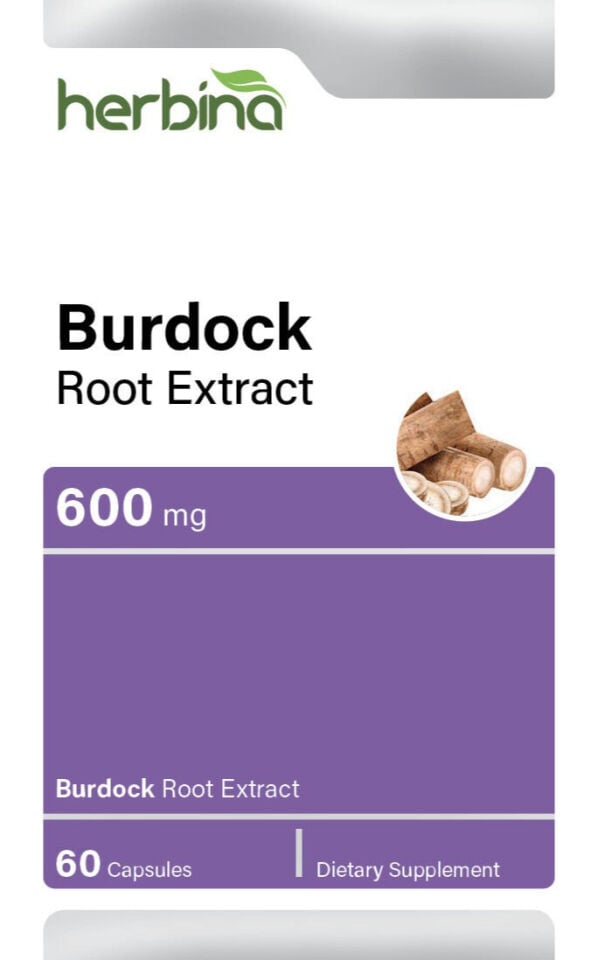 Herbina Burdock Root Extract 600 mg 60 kapsül İngilizce kutu etiketi