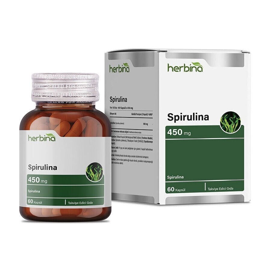 Herbina Spirulina kapsül şişesi ve kutusu