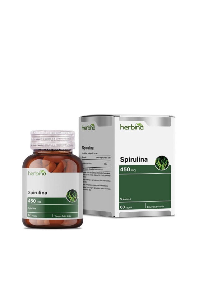 Herbina Spirulina kapsül şişesi ve kutusu