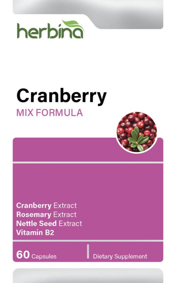 Herbina Cranberry Mix Formula 60 kapsül İngilizce kutu etiketi