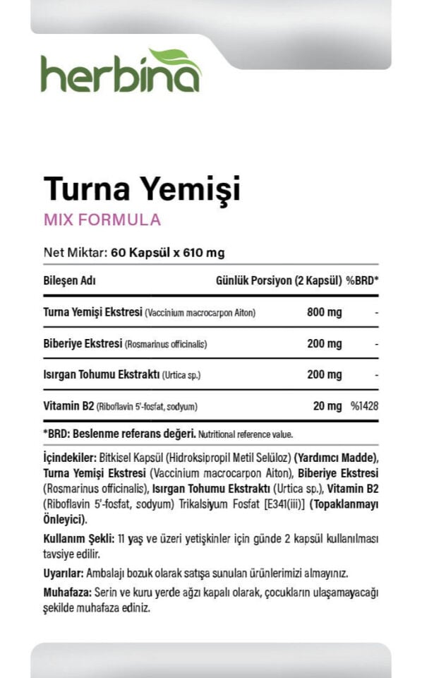 Turna yemişi, biberiye, ısırgan tohumu ve B2 içerik bilgileri