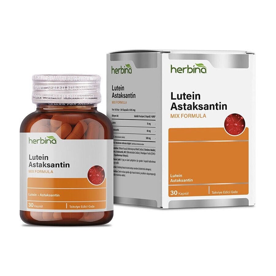Herbina Lutein Astaksantin 30 kapsül şişe ve kutu