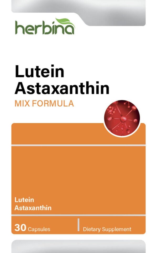Herbina Lutein Astaxanthin 30 kapsül İngilizce kutu etiketi