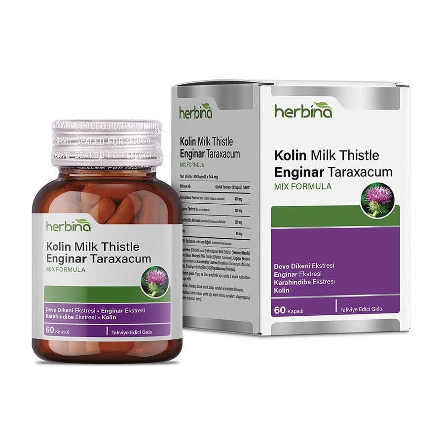 Herbina Kolin Milk Thistle Enginar Taraxacum 60 kapsül şişe ve kutu
