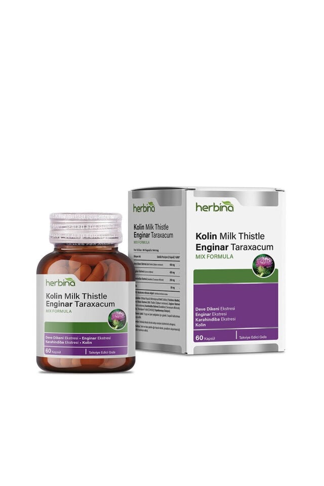 Herbina Kolin Milk Thistle Enginar Taraxacum 60 kapsül şişe ve kutu