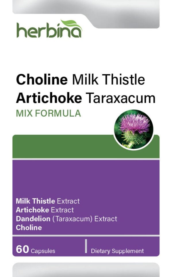 Herbina Choline Milk Thistle Artichoke Taraxacum İngilizce kutu etiketi