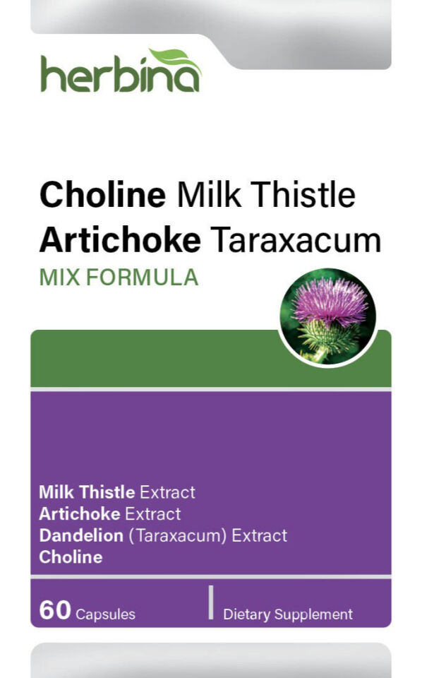 Herbina Choline Milk Thistle Artichoke Taraxacum İngilizce kutu etiketi
